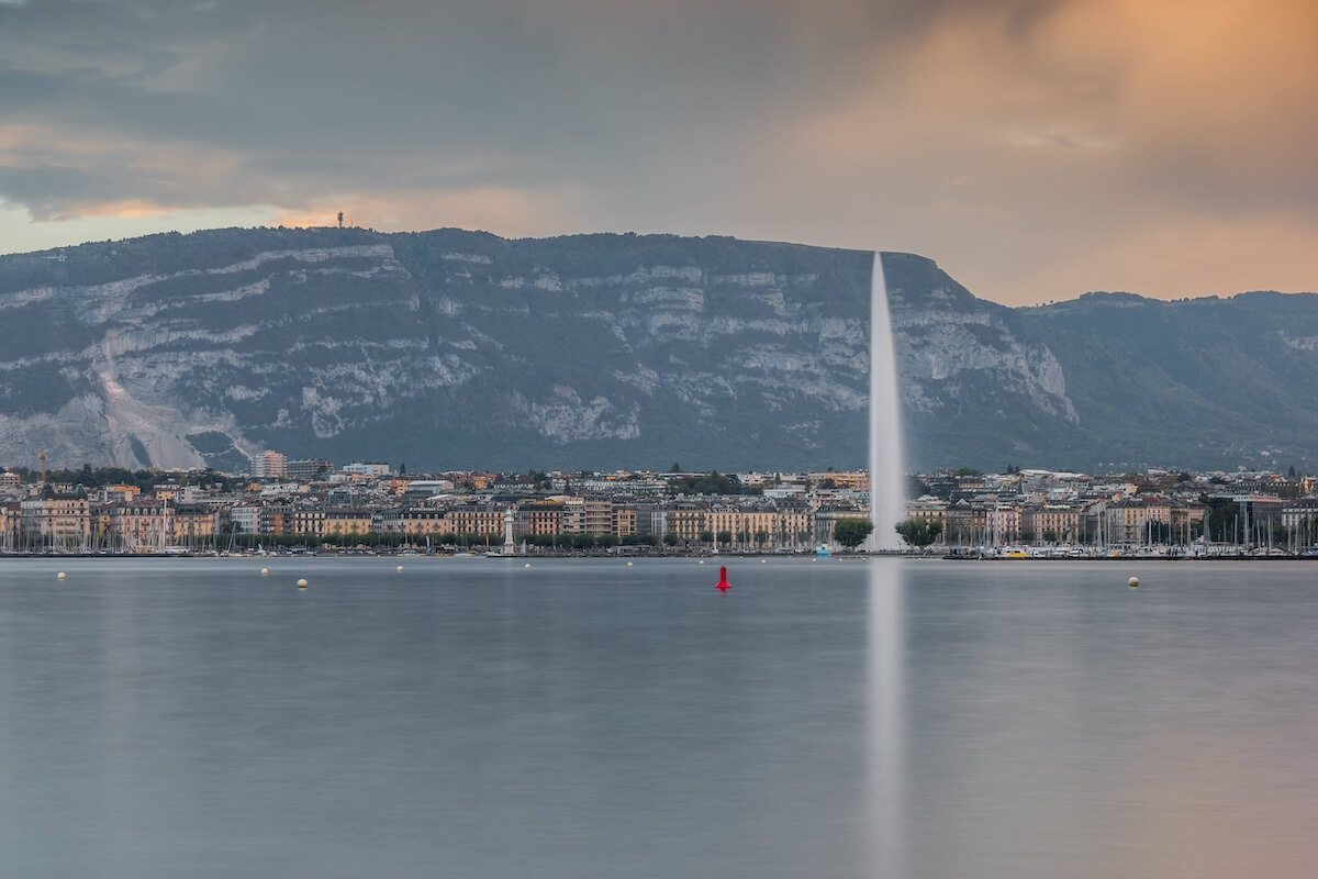 Final long exposure result showing smooth water and cloud movement over Lake Geneva
