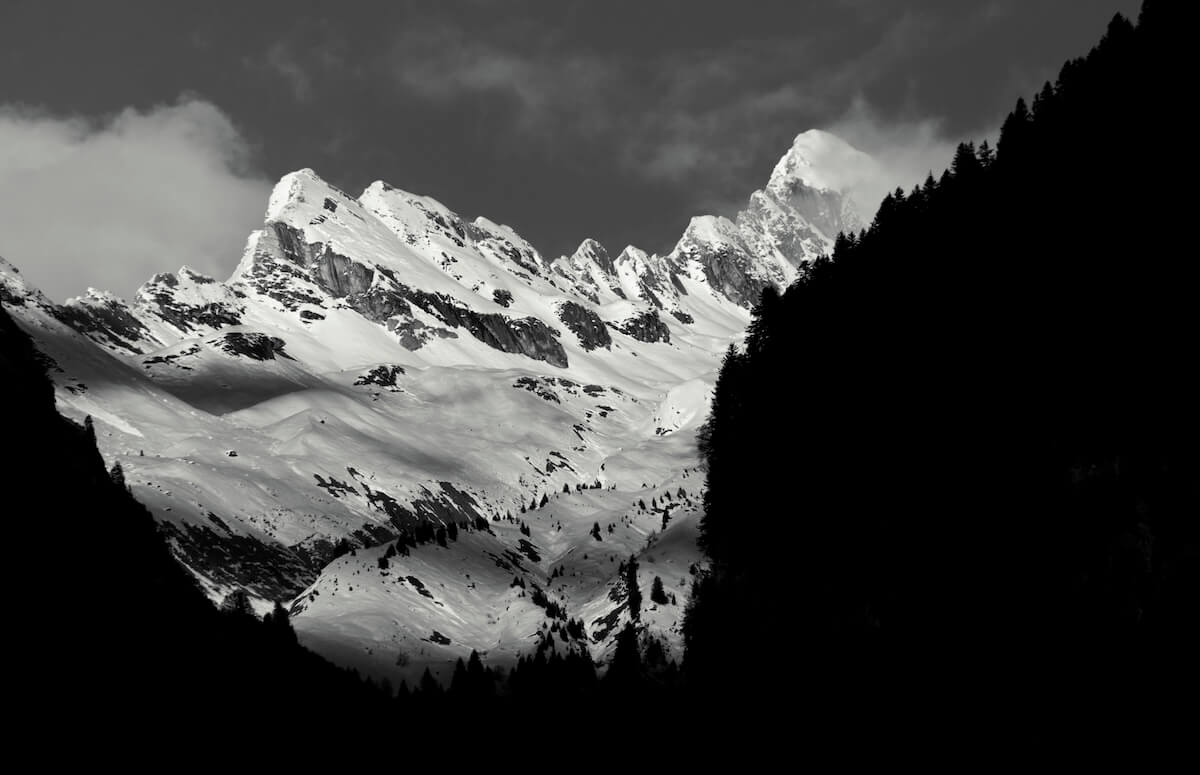 Mountain composition showing foreground elements framing distant snow-covered peaks