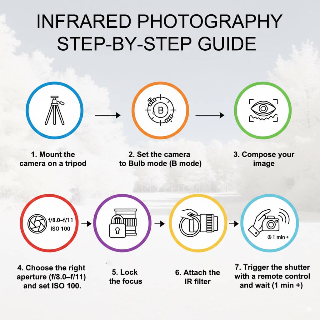 Infographic showing step-by-step instructions for taking infrared photographs with a camera, tripod, and infrared filter, including aperture, ISO, focus, and exposure tips