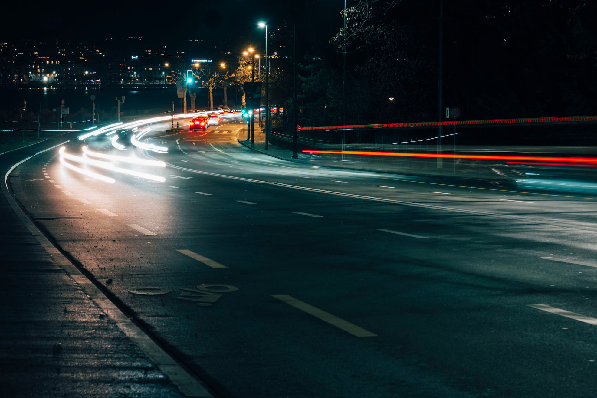 Light trails on Geneva streets at night