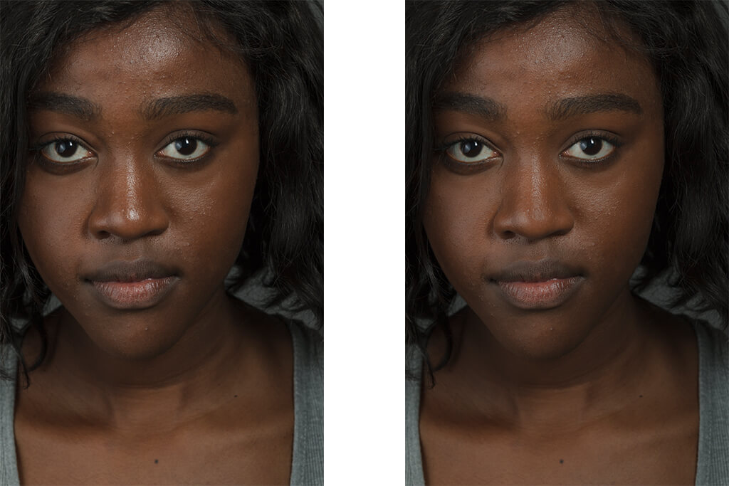 Before and after comparison showing portrait with skin shine removed using Photoshop techniques