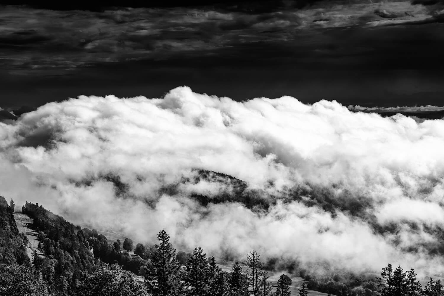 Fine art black and white photograph of Swiss mountains covered by a sea of clouds