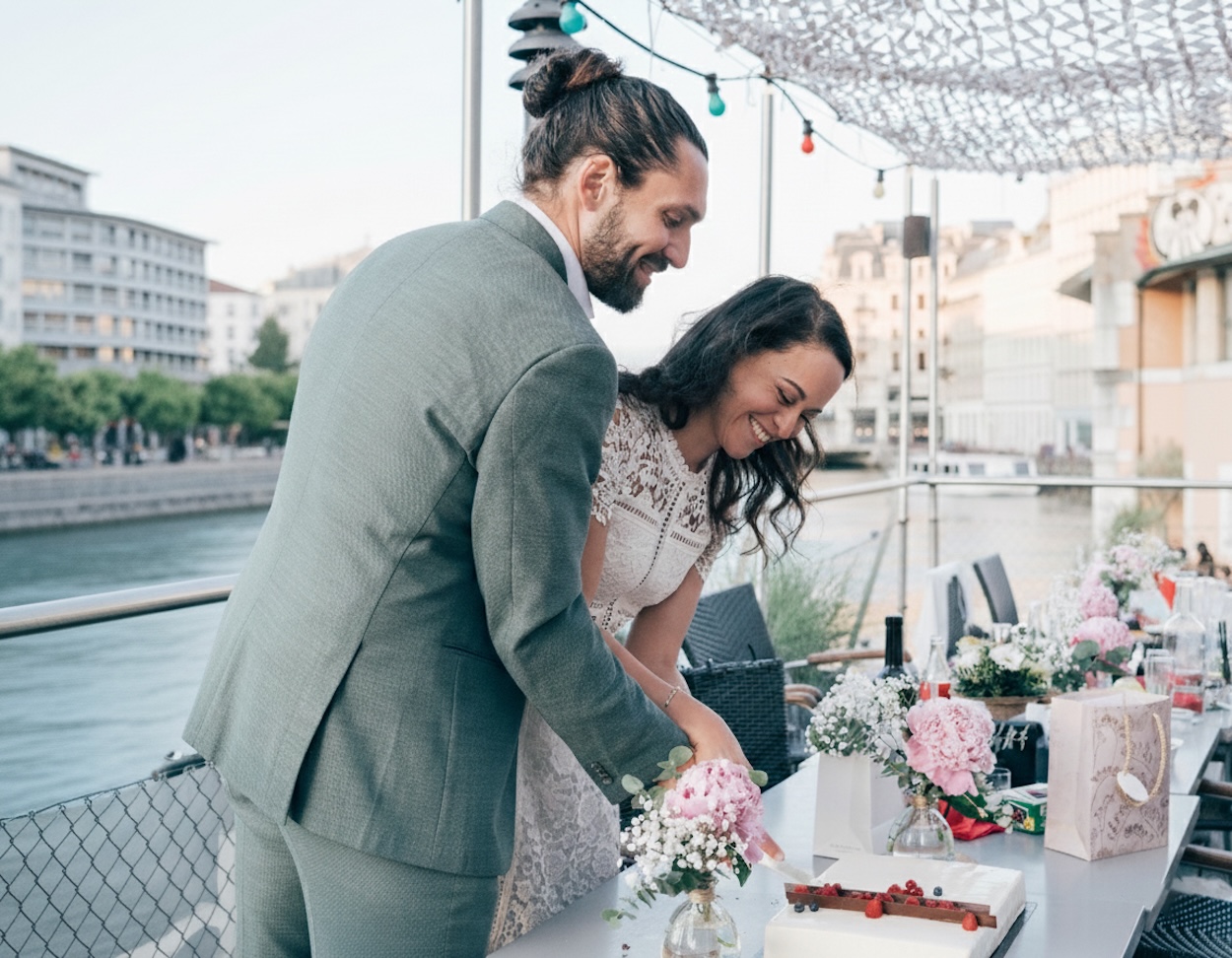 Bride and groom cutting their wedding cake together at a Geneva reception